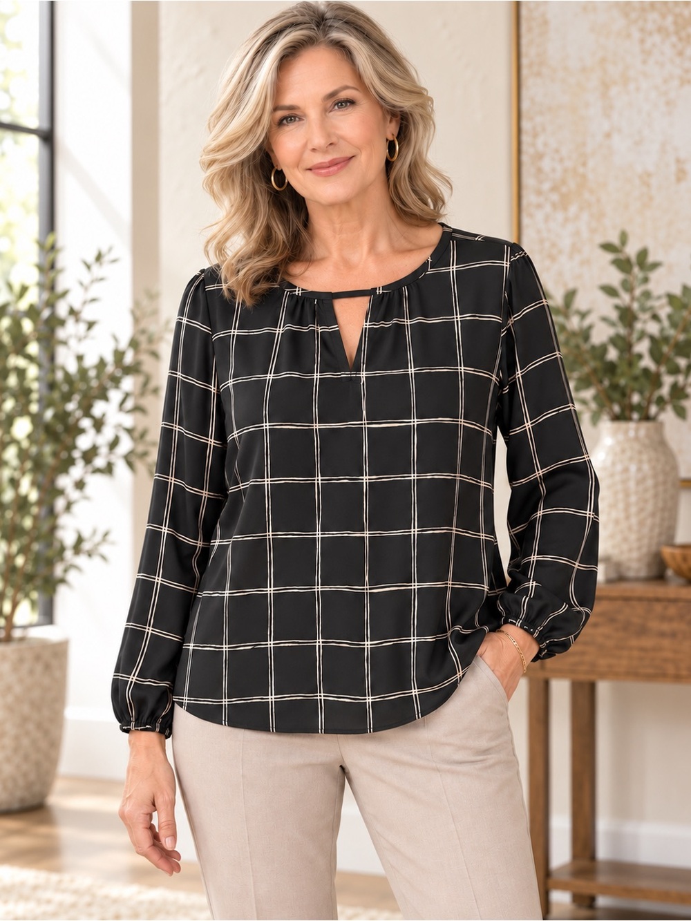 Maurices Large Black Taupe Windowpane Split Neck Blouse